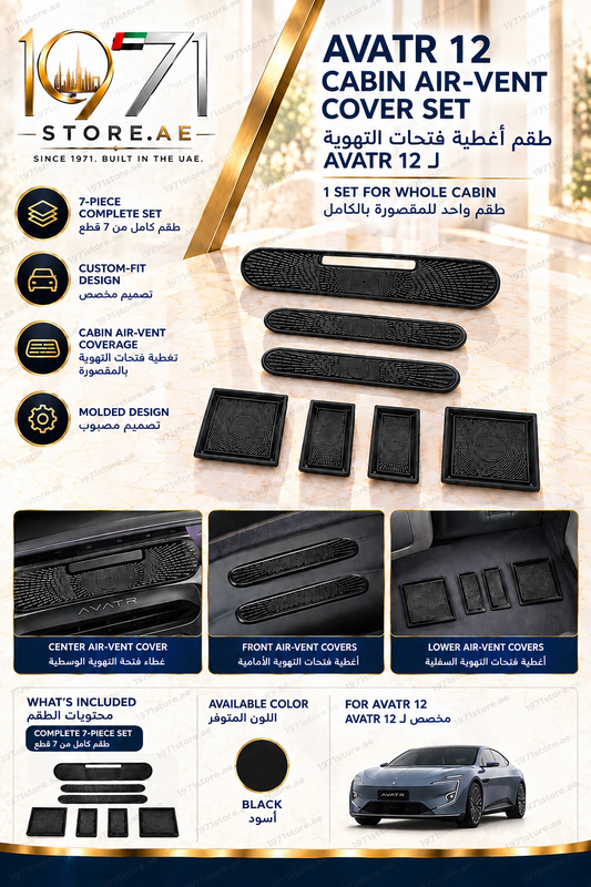 AVATR 12 Custom-Fit Cabin Air Vent Protection Cover Set – 7 Pieces – Black
طقم أغطية حماية فتحات التهوية الداخلية المخصص لـ AVATR 12 – 7 قطع – أسود